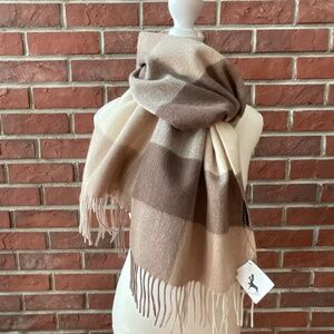 Wamsoft Wool Beige Tan Cream Plaid Fringed Scarf 12”x80”NWT
